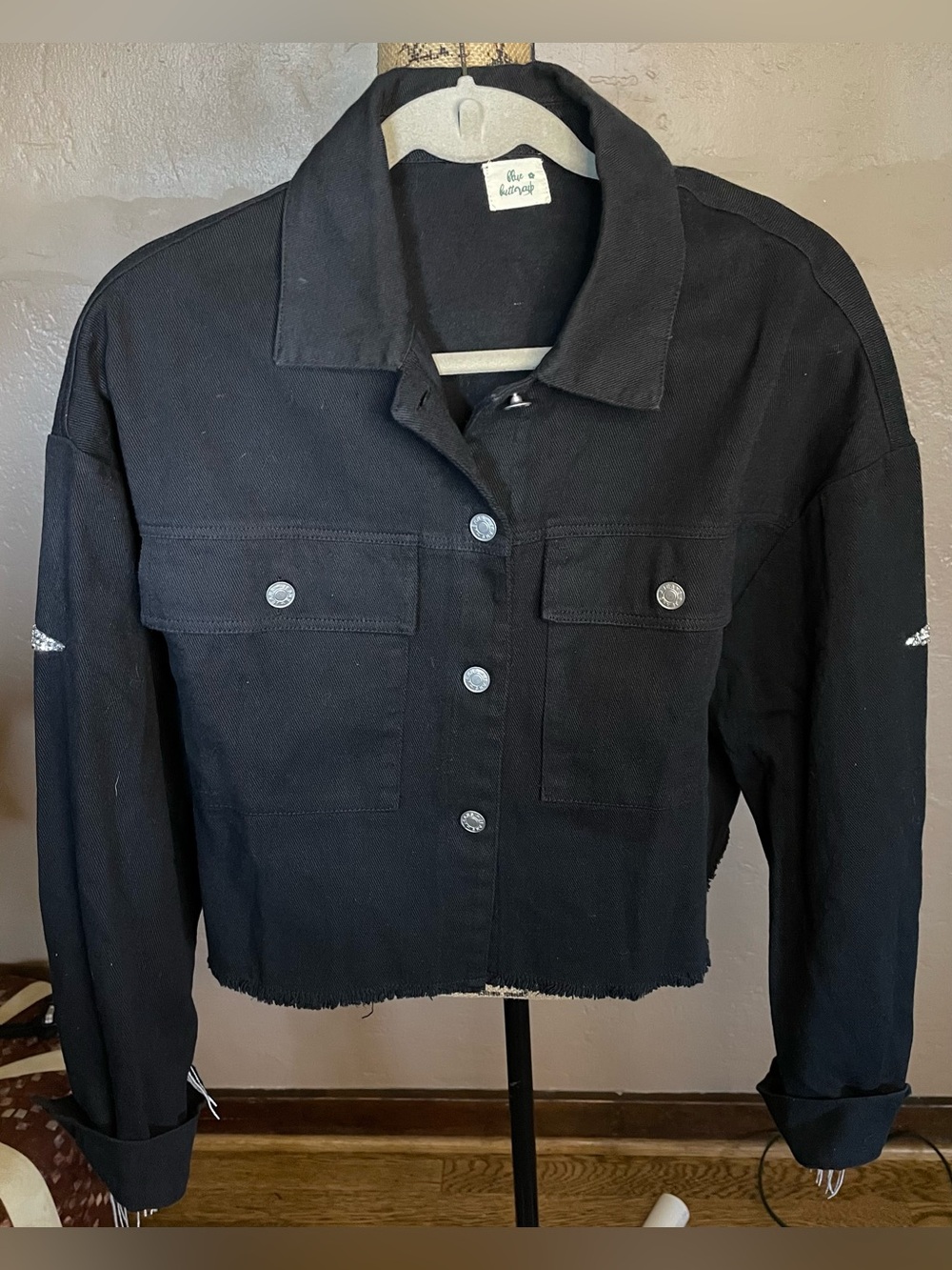 Blue Buttercup Black Cropped Button-Front black Jean Silver Fringe Jacket Large